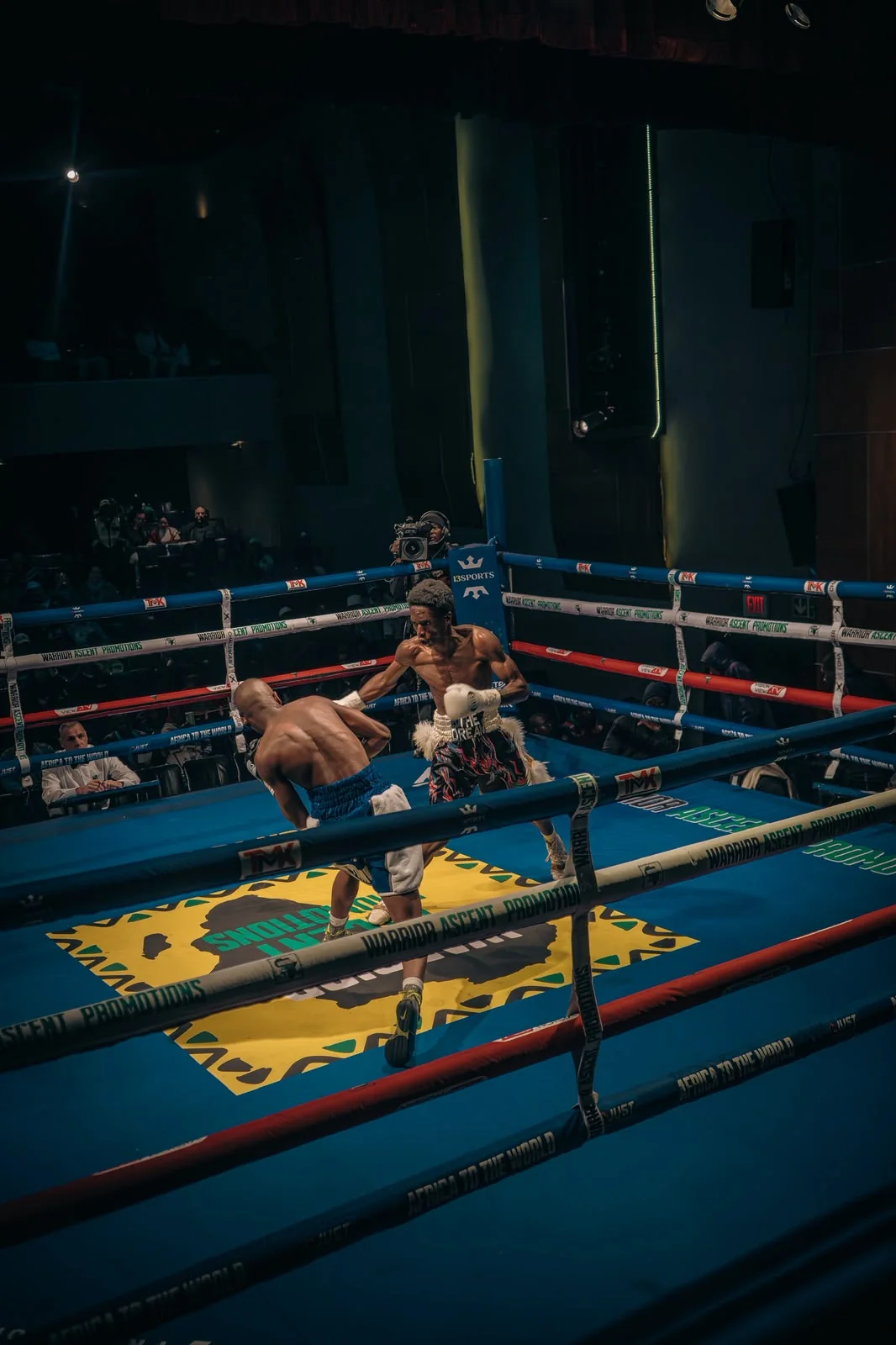Overhead view of two boxers inside the branded Warrior Ascent ring